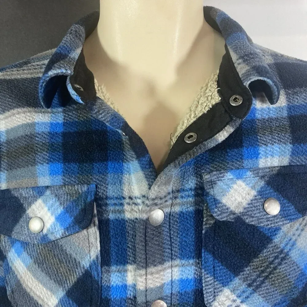 Eddie Bauer Sherpa-Lined Fleece Youth Sz 14/16 Blue Plaid Snap-Up Shacket
